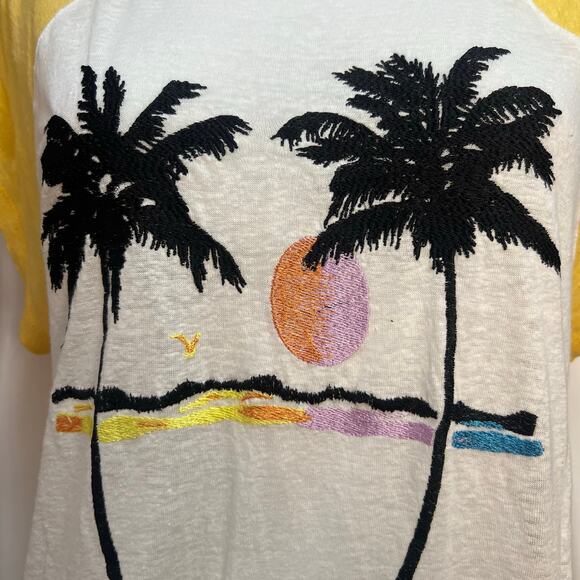Free People NWT White Yellow Linen Blend Embroidered Palm Tree Tee L - Picture 2 of 7